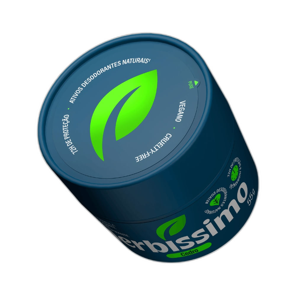 Desodorante Creme Herbíssimo Cedro 55g vista superior da tampa azul escura com folha verde